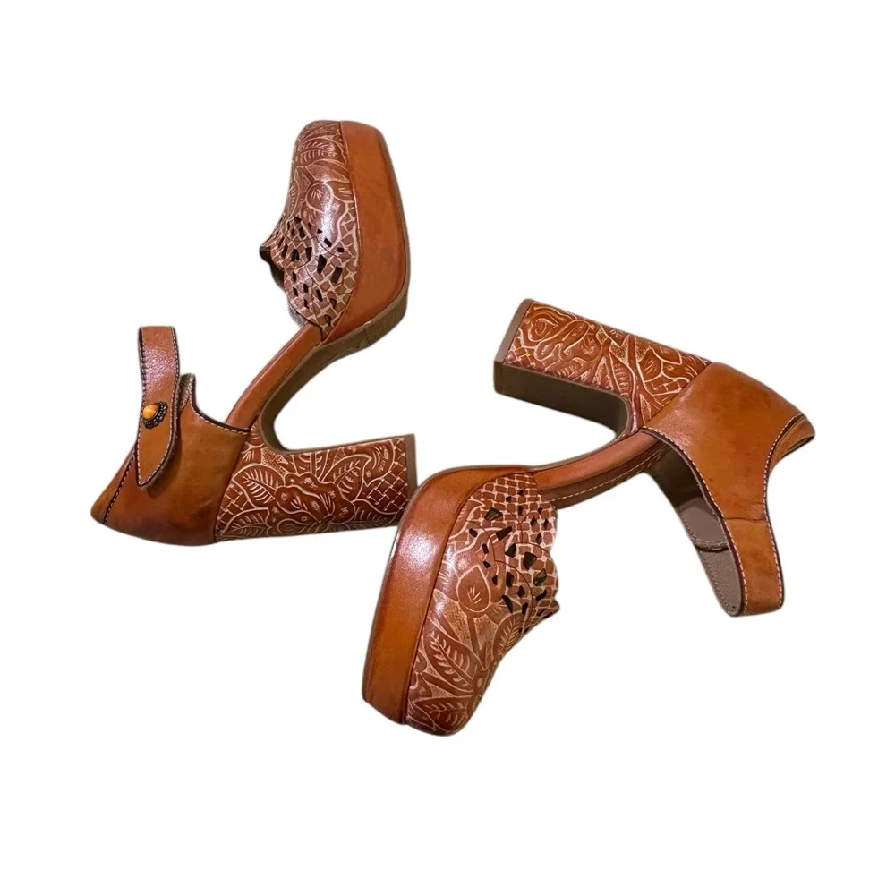 Spring Step Cognac Leather Platform Sandals with Carved Block Heel